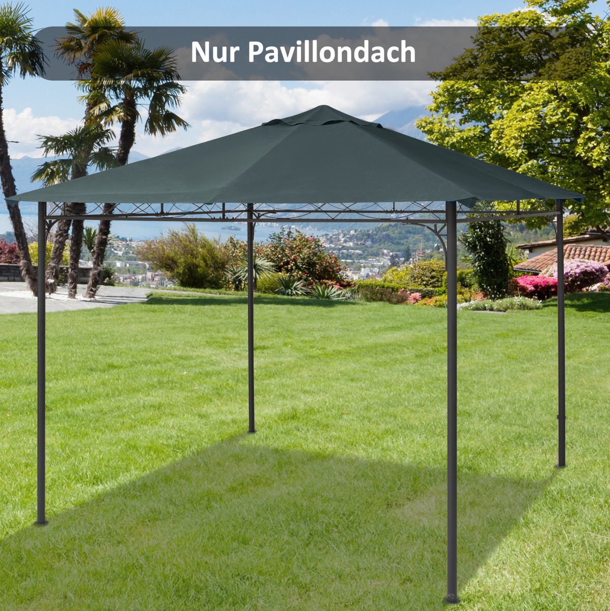 MEUNIQ Paviljoendak vervangingsdoek 298 x 295 cm voor 3x3 m gazebo, polyester dakdoek met 4 bevestigingskoorden en 8 afwateringsgaten, voor tuin en terras, donkergrijs