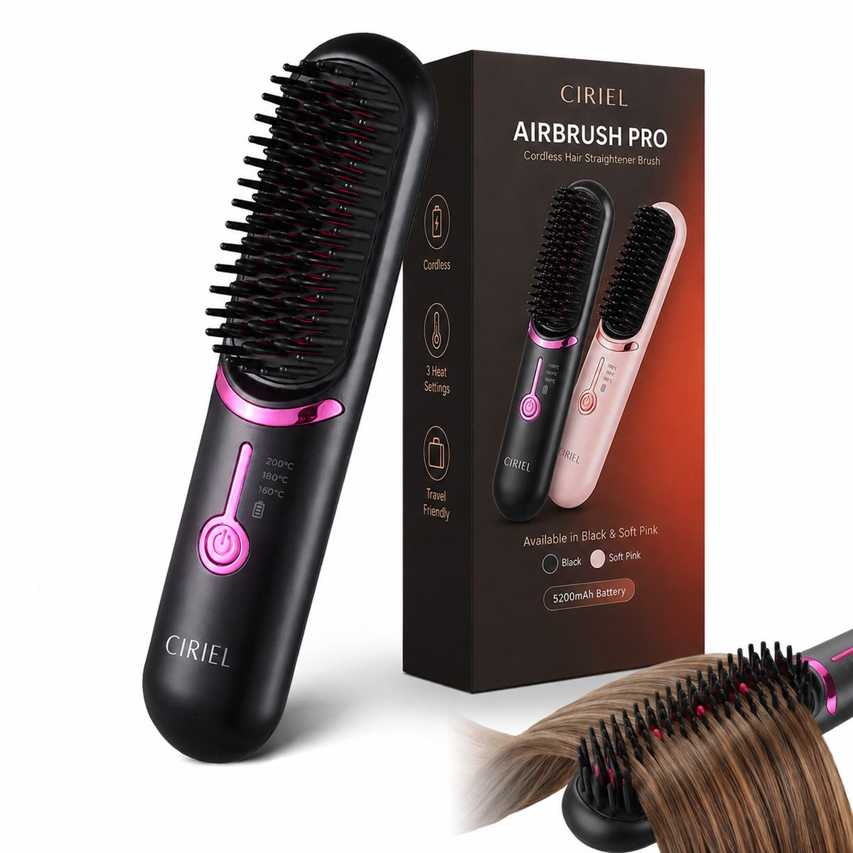 Ciriel FineHeat™ 3 - Voorheen Airbrush Pro - Draadloze Stijlborstel – Elektrische Haarborstel – Warmteborstel - Draadloze Stijltang - Oplaadbaar – 3 Warmtestanden – Voor Dik, Normaal en Fijn Haar