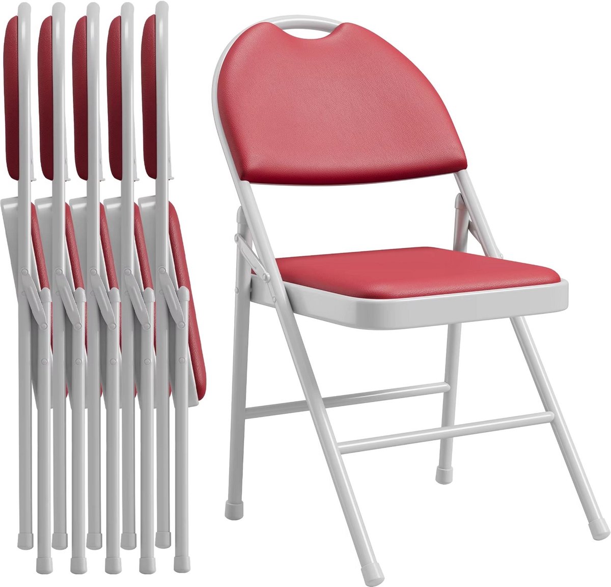 Set van 6 Opvouwbare Stoelen - Stapelbaar Comfort design met Rugleuning - voor feesten en kantoor - Rood PU Leer en Metaal - Zwart