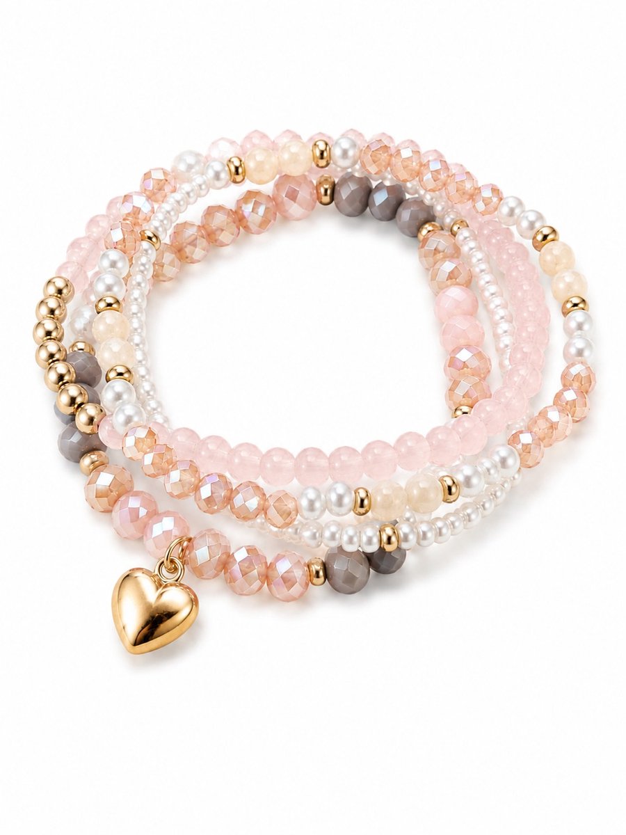 Armbandenset Meisje- Set armbanden 3 stuks- Kralenarmband Hartje Ibiza- Roze Kralen- Meisje- LiLaLove- Cadeau Meisje