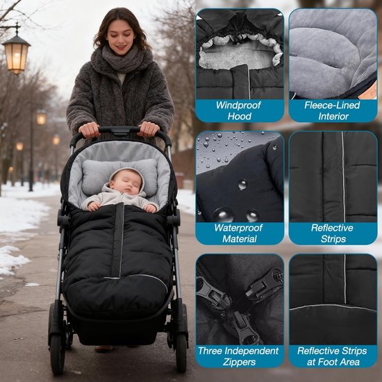 Kinderwagen voetenzak - Universele winterzak - Baby warm houden - Waterdicht polarfleece - Universeel - Zwart — afbeelding 4