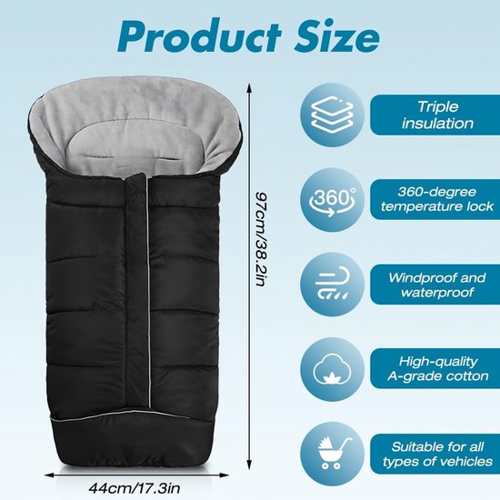 Kinderwagen voetenzak - Universele winterzak - Baby warm houden - Waterdicht polarfleece - Universeel - Zwart — afbeelding 2