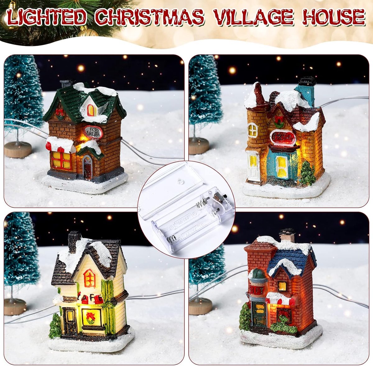 Kerstdorp Decoratie Set - Miniatuur Huisjes - Wintertafereel Creëren - Verlicht met LED - 28 Delig - Multicolor – foto 6