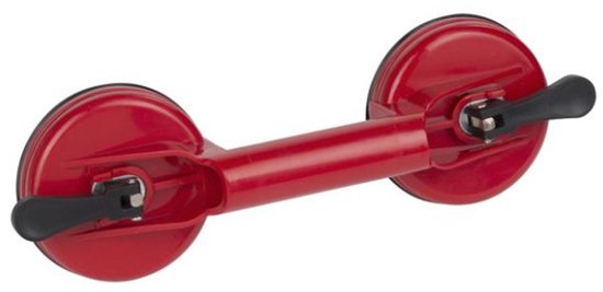 Rode dubbele zuignap met gestrekte rode handgreep en zwarte handvatten, met een spiegel.