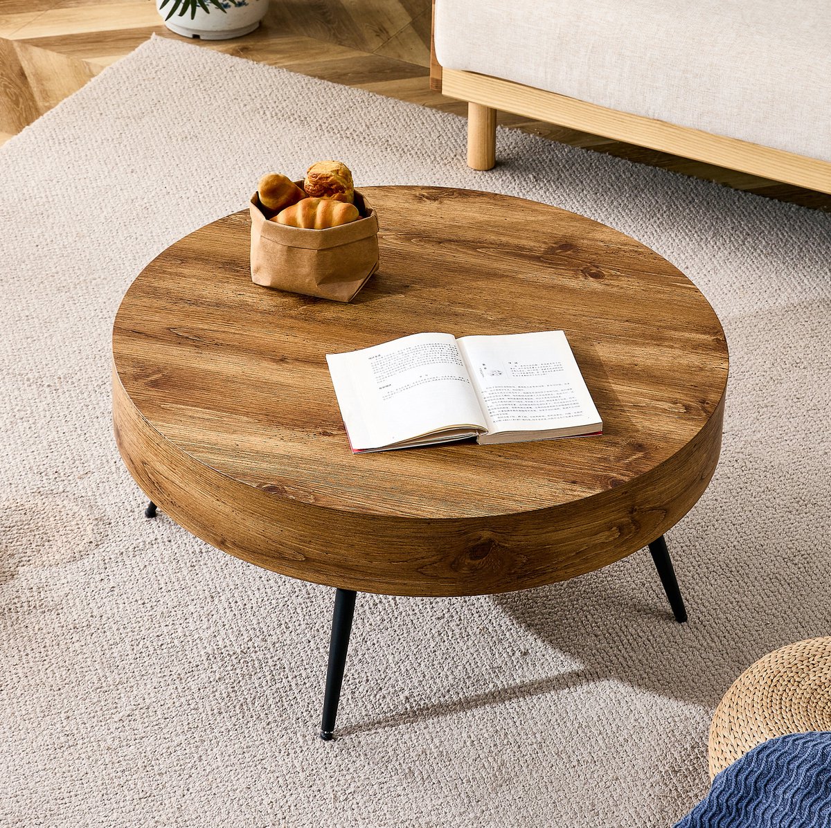 MIVRAY Salontafel - Ronde Koffietafel Van MDF Met Zwarte Metalen Poten - Scandinavische Stijl Voor Woonkamer En Kleine Ruimtes - 70 Cm