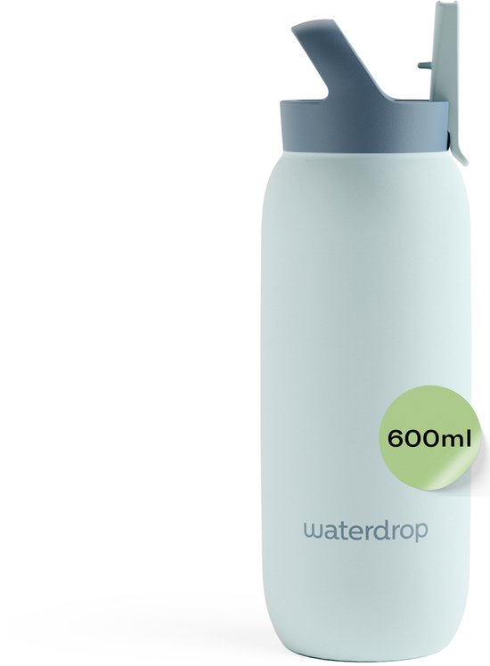 waterdrop® All Purpose thermosfles 600ml, Pastel Turquoise, waterfles met rietje, geïsoleerde roestvrijstalen drinkfles, 24 uur koud, lekvrij & onbreekbaar