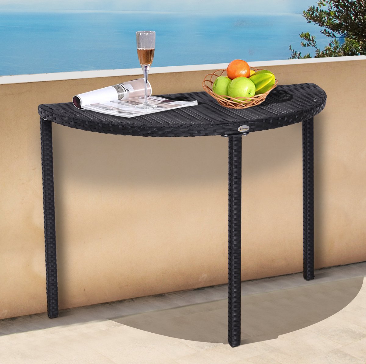 MEUNIQ halfronde balkontafel 100 x 50 x 74 cm met polyrattan blad en metalen frame, zwarte bijzettafel voor balkon, terras of tuin