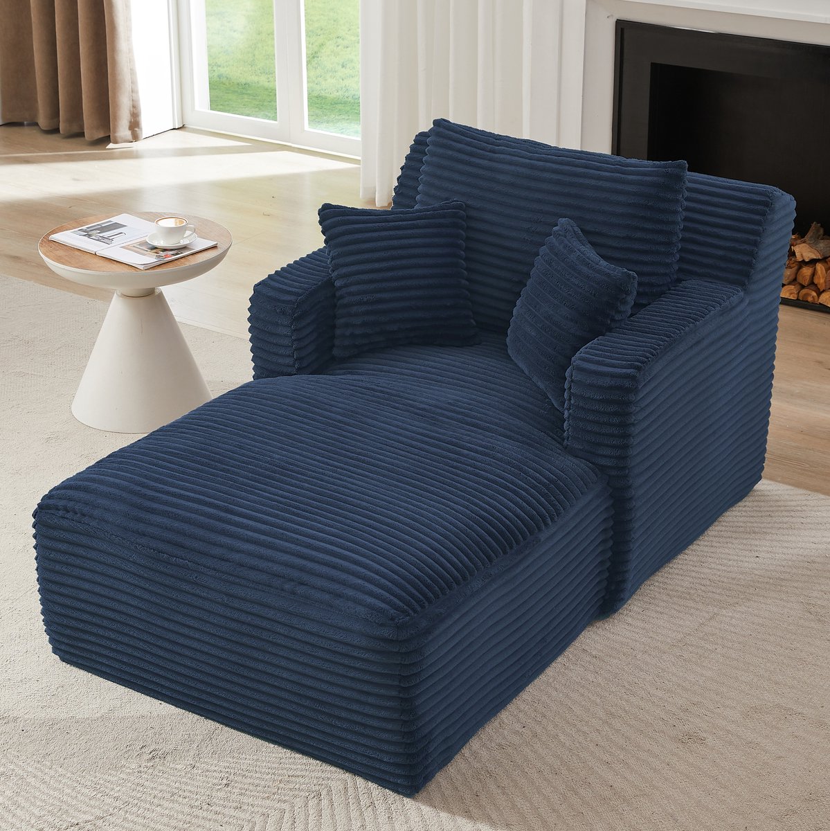 FloraGrace Chaise Longue - 1-Zits Relaxstoel En Slaapsofa Zonder Montage - Comfortabele Vulling - Woonkamer Of Kantoor - Ribstof - Blauw