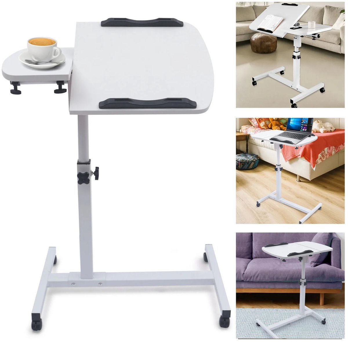 Cherrys Finds - Verstelbaar laptopbureau - Bureau Met Wielen - Mobiele werktafel met wieltjes - Verrijdbaar Laptopbureau - Ergonomische zit-sta tafel - Wit