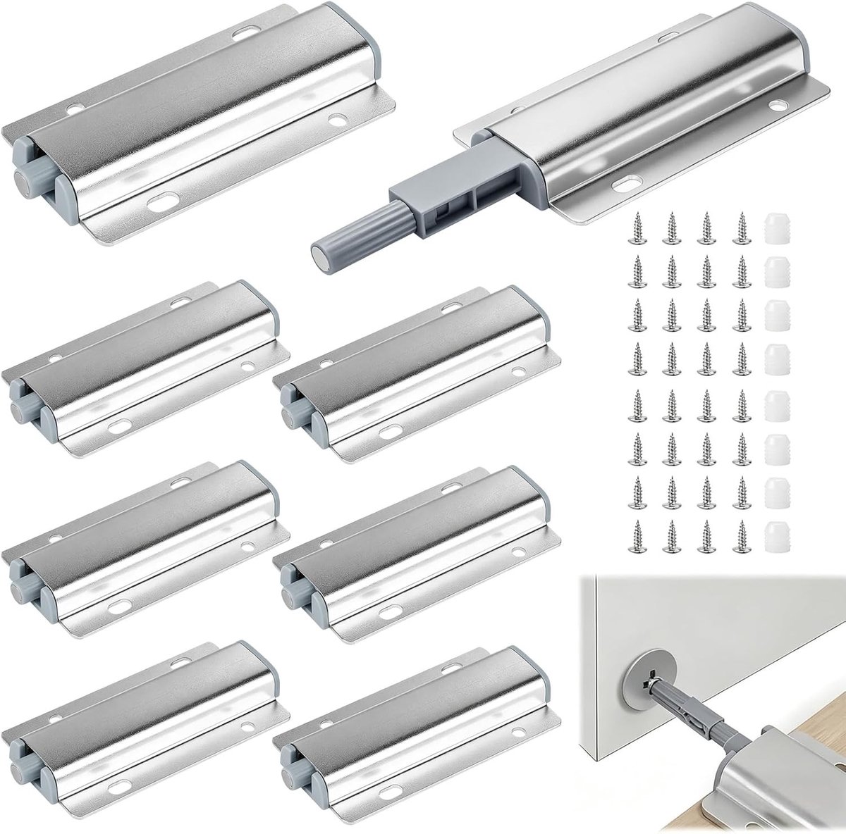Drukdeuropener voor meubels met softclose functie - 8 stuks kastdeur dempers en deursnappers in zilver aluminiumlegering voor een moderne afwerking en gebruiksgemak