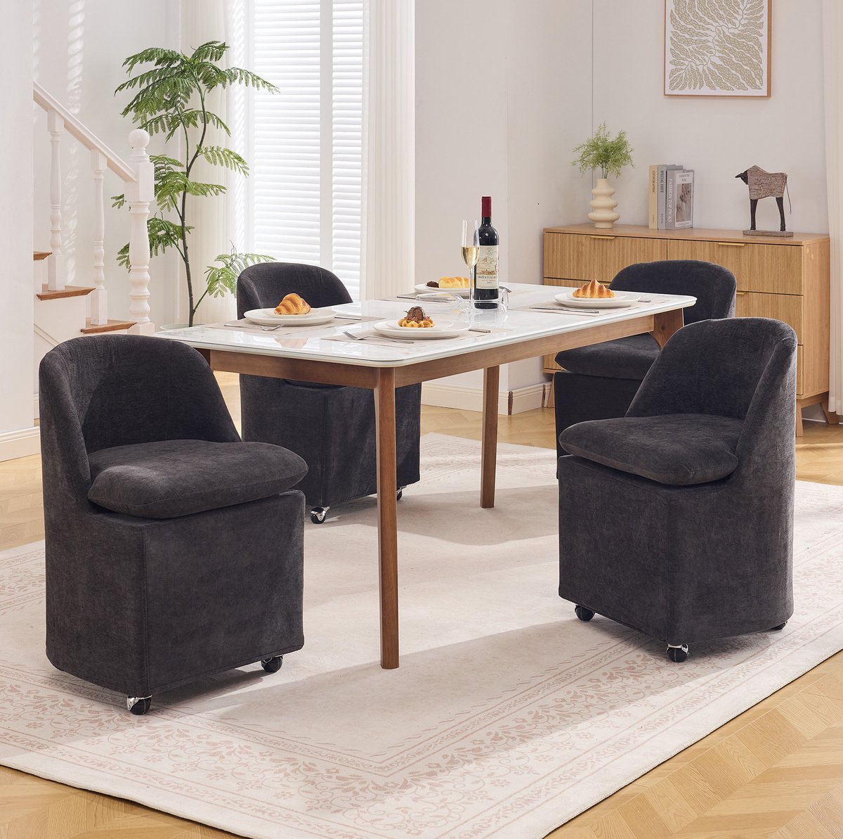 MIVRAY Eetkamerstoel 53 x 53,5 x 78,5 cm - Chenille Stoel Met 360 Graden Draaifunctie En Wielen - Voor Eetkamer En Kaptafel - Grijs