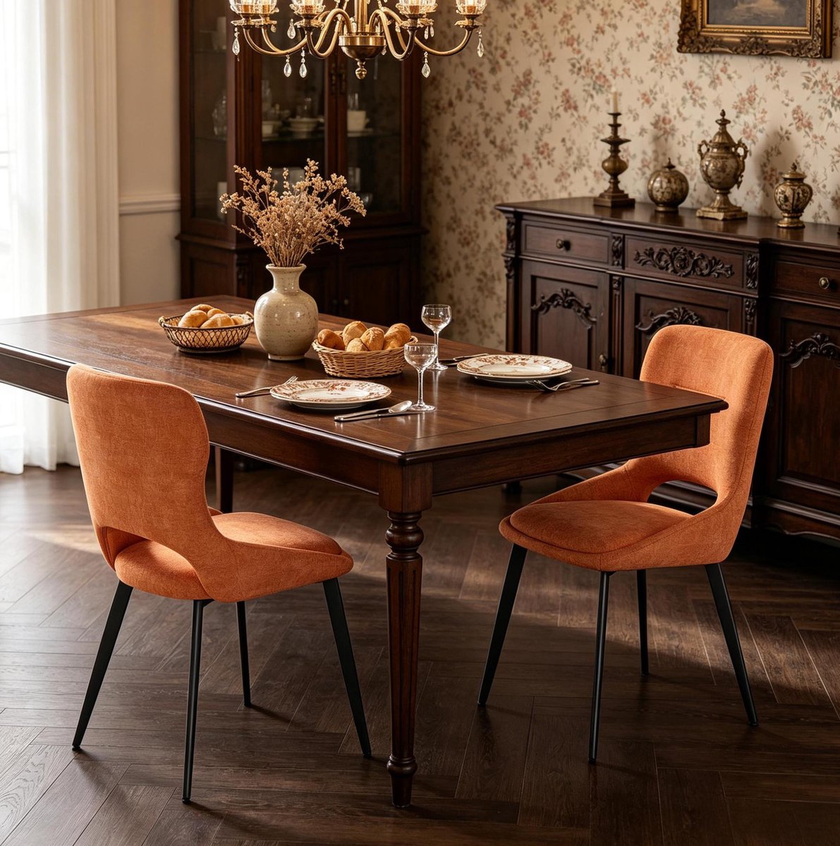 MIVRAY Eetkamerstoel 43 x 40 x 86 cm - Gestoffeerd Met Opengewerkte Rugleuning - Voor Eetkamer En Woonkamer - Chenille Oranje