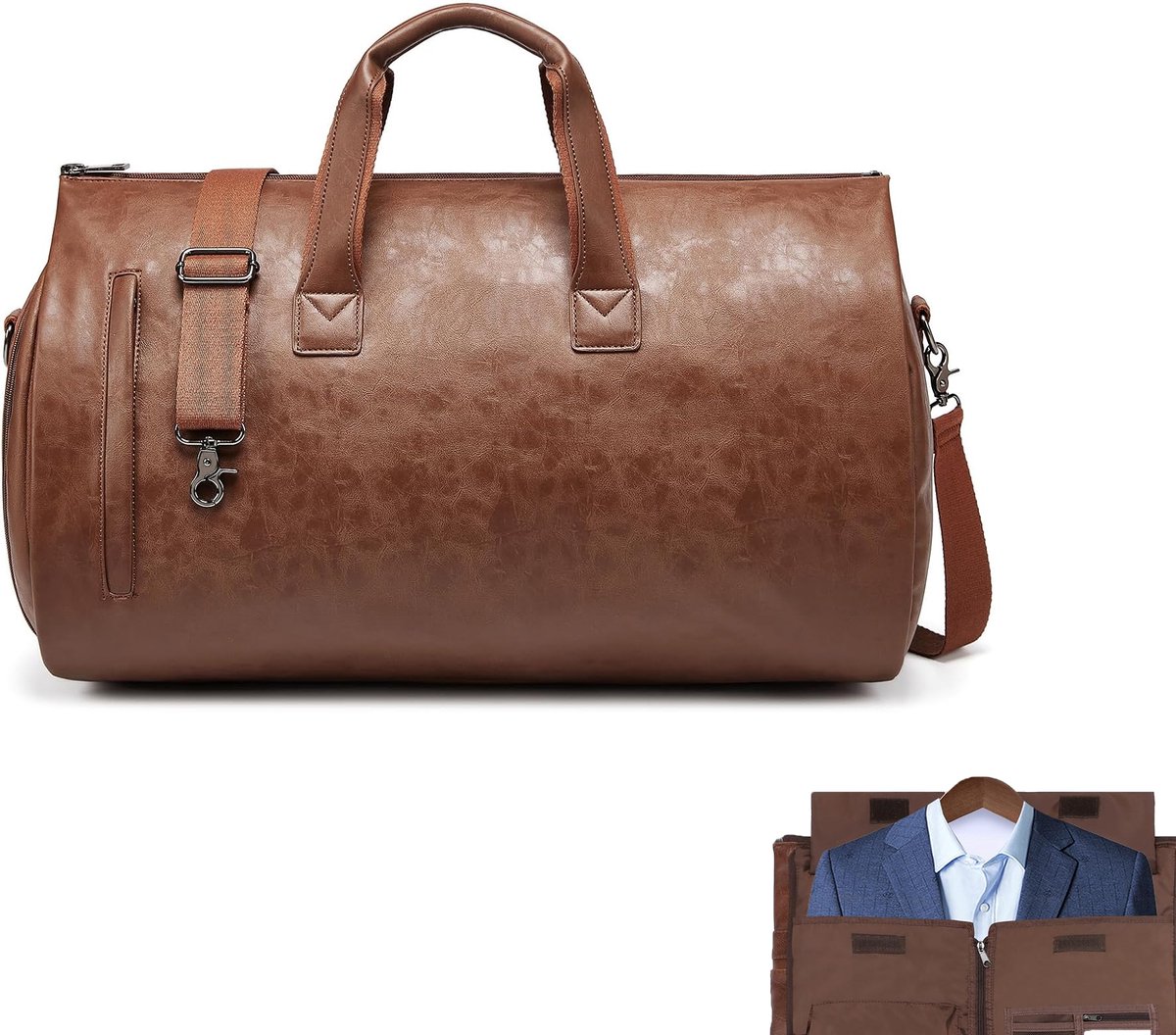 KZQ 2-in-1 leren kledingreistas voor heren en dames - Waterdichte vouwbare garment bag met schouderriem en schoenentas - Geschikt voor pakken en overnachting - Bruin