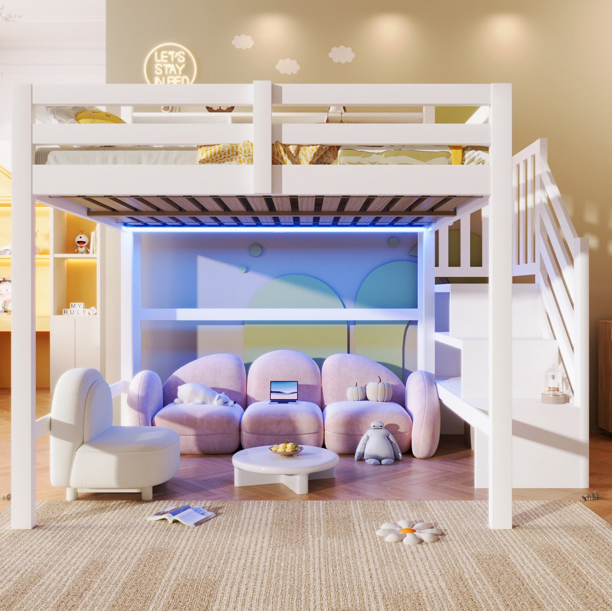 STILVORA Hoogslaper 140x200 cm - Met LED-Verlichting En Opbergtrap - Open Ruimte Onder Het Bed - Voor Kinderkamer - Hout En MDF - Wit - Zonder Matras
