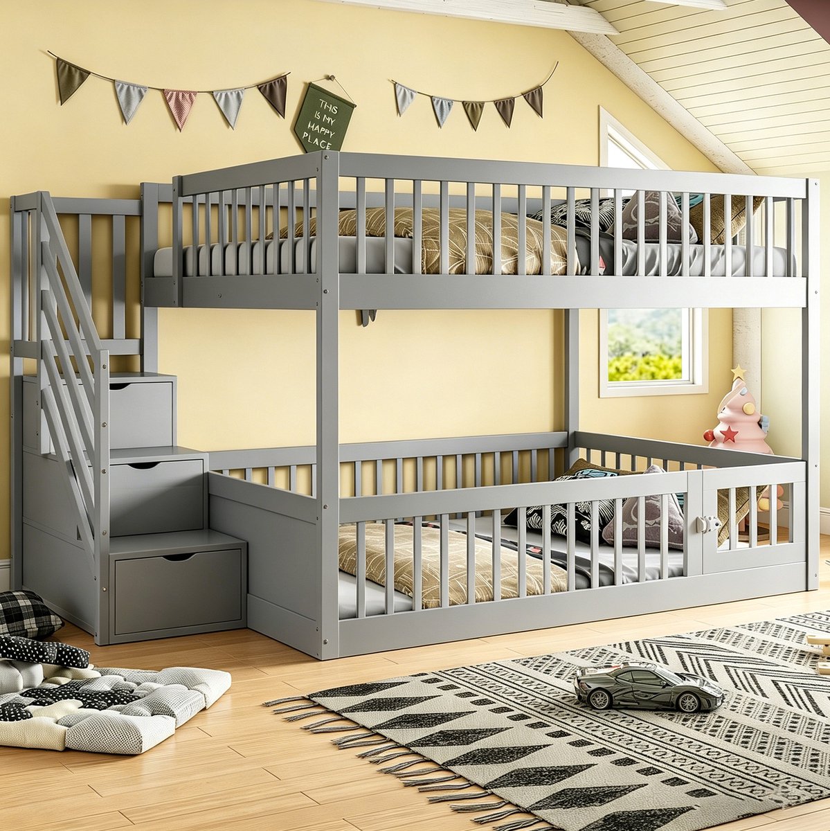 STILVORA Stapelbed 140x200 cm – Veilig Kinderbed Met Opbergtrede En Laden – Onderbed Met Deur En Speelruimte – Zonder Matras – Hout – Grijs