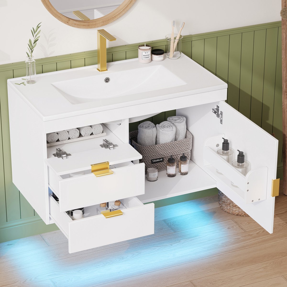 MIVRAY Badkamermeubel - Wandhangend Met Keramische Wastafel, LED En App-Bediening - Soft-Close - MDF Wit Houtlook - 76 Cm