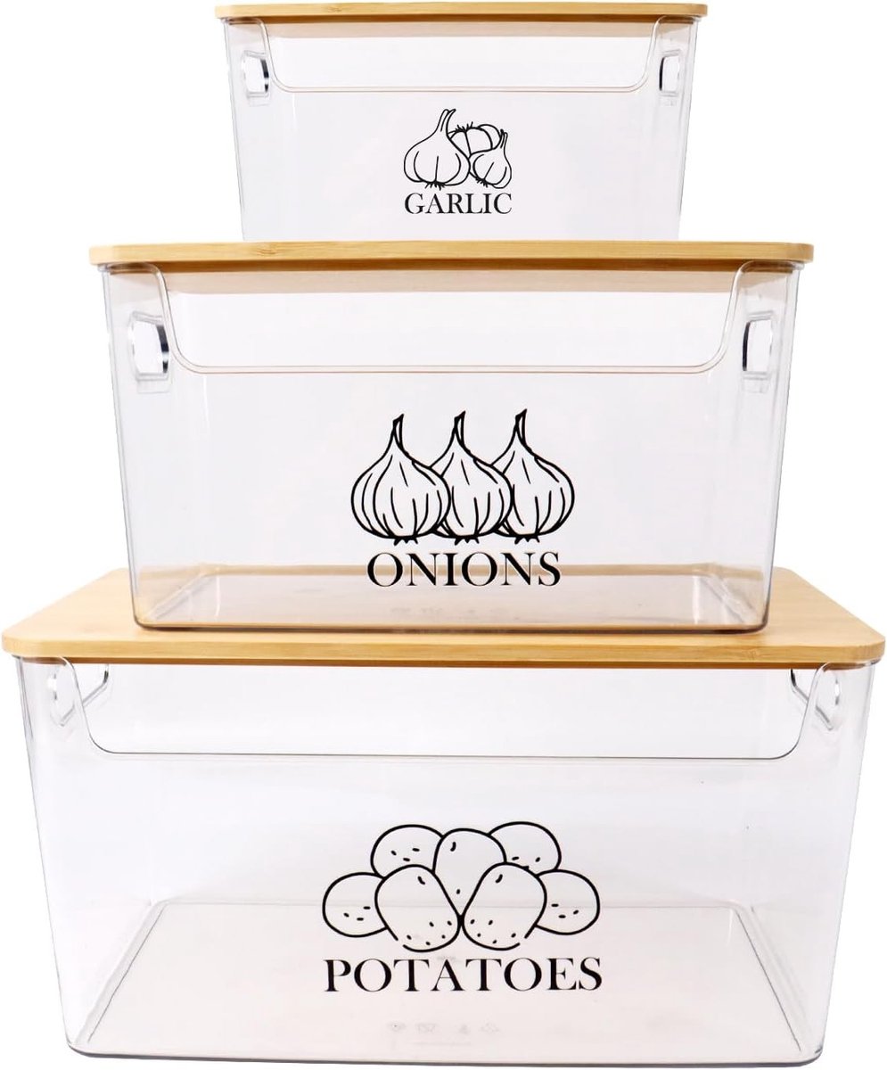 Set van 3 Opslagdozen voor Aardappelen, Uien en Knoflook met Houten Deksel, Stapelbare Dozen voor Groenten en Fruit in de Keuken, Transparant Plastic