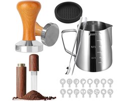 Complete Coffee Tamper Set met 22 Onderdelen, Espresso Tamper, Melkkan, Tamper Mat en Latte Art Accessoires voor Professionele Koffiebereiding