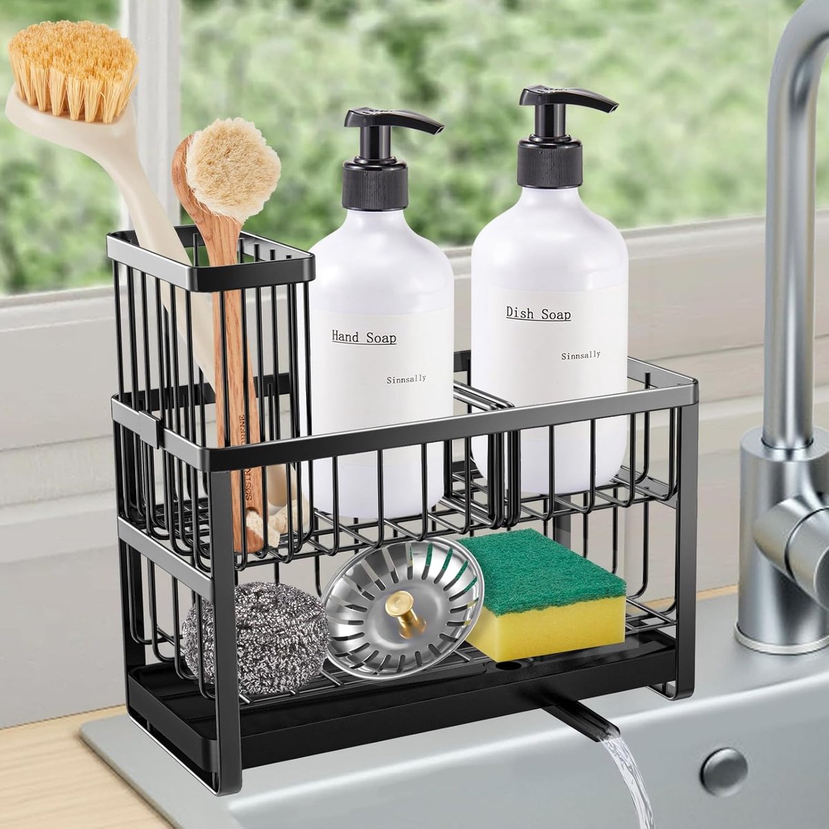 Inovra- Afwasorganizer Dubbele Laag - Keuken Organizer - Antislip - Ruimtebesparend - 360° Draaiende Tuit - Inclusief Borstels Houder - Afwasrek