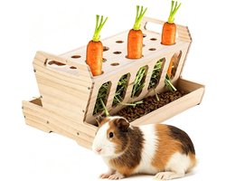 Grote houten voederbak voor konijnen en cavia's, inclusief wortelhouder en hooivoederstation, natuurlijk onbehandeld hout (30 x 20,5 x 18 cm)