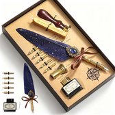 Coffret de calligraphie de luxe "Ciel étoilé bleu foncé" - Stylo plume vintage avec encre et 5 pointes - Complet avec kit de sceau de cire - Cadeau unique pour hommes et femmes