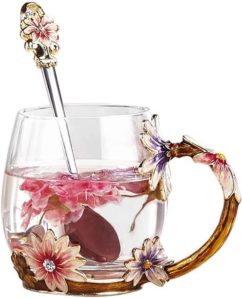 Handgemaakte Glazen Theekop met Lepel - Unieke Enamel Mokken voor Vrouwen, Perfect voor Verjaardag, Valentijnsdag en Bruiloften