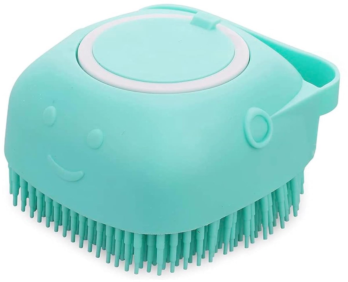 OLOEY Siliconen Wasborstel voor Honden en Katten met Shampoo Dispenser – Zachte Massageborstel – Nat en Droog – Verwijdert Losse Haren - Blauw