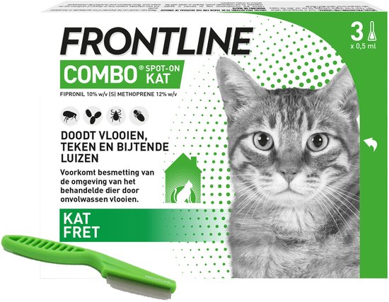 Frontline Combo Kat: 3 pipetten, doodt vlooien, teken en bijtende luizen.