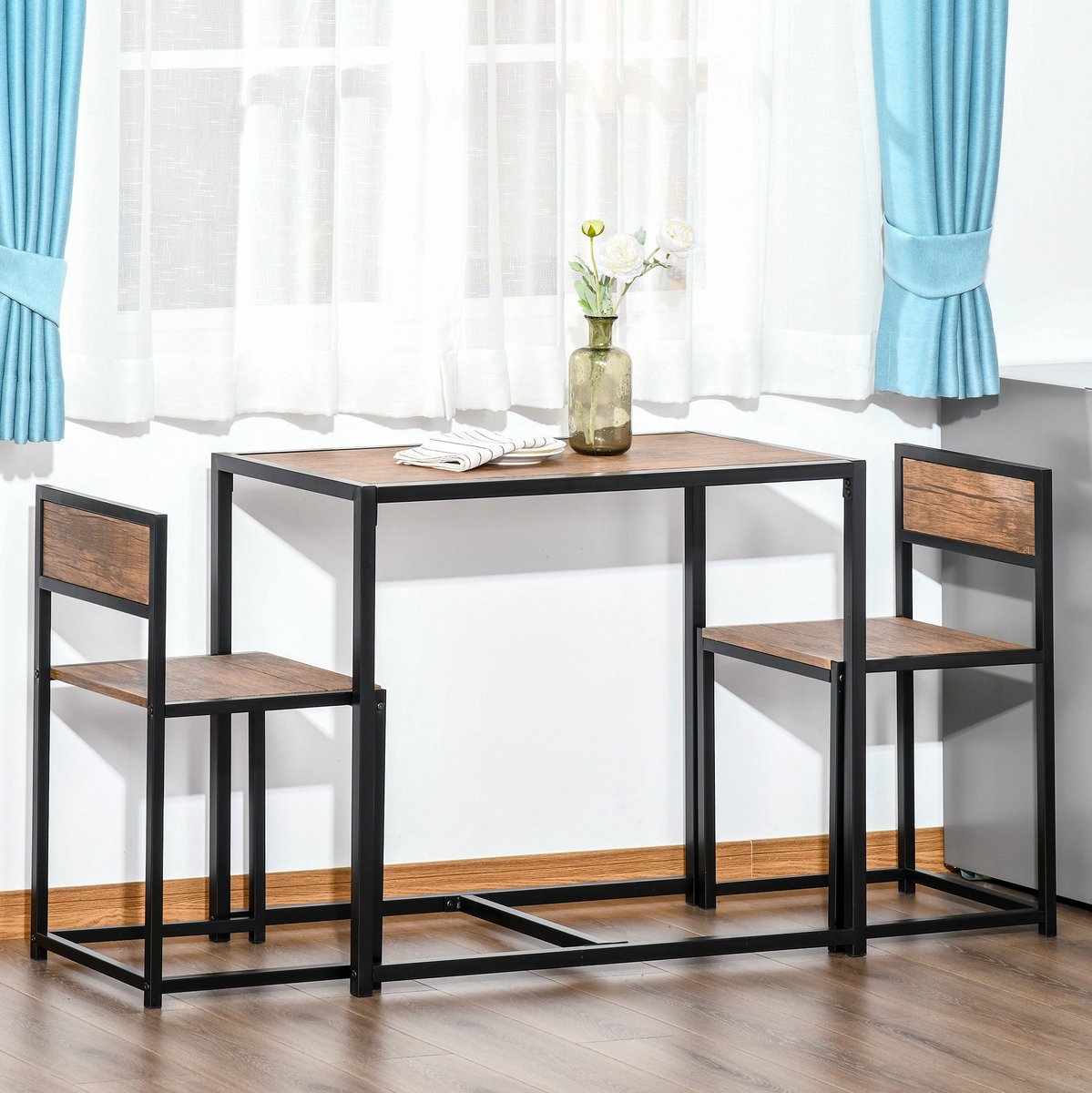 MEUNIQ set tafel en stoelen 90 x 47 x 76 cm met 2 stoelen, industrieel eettafel set voor eetkamer of keuken, zwart metalen frame en naturel houtlook