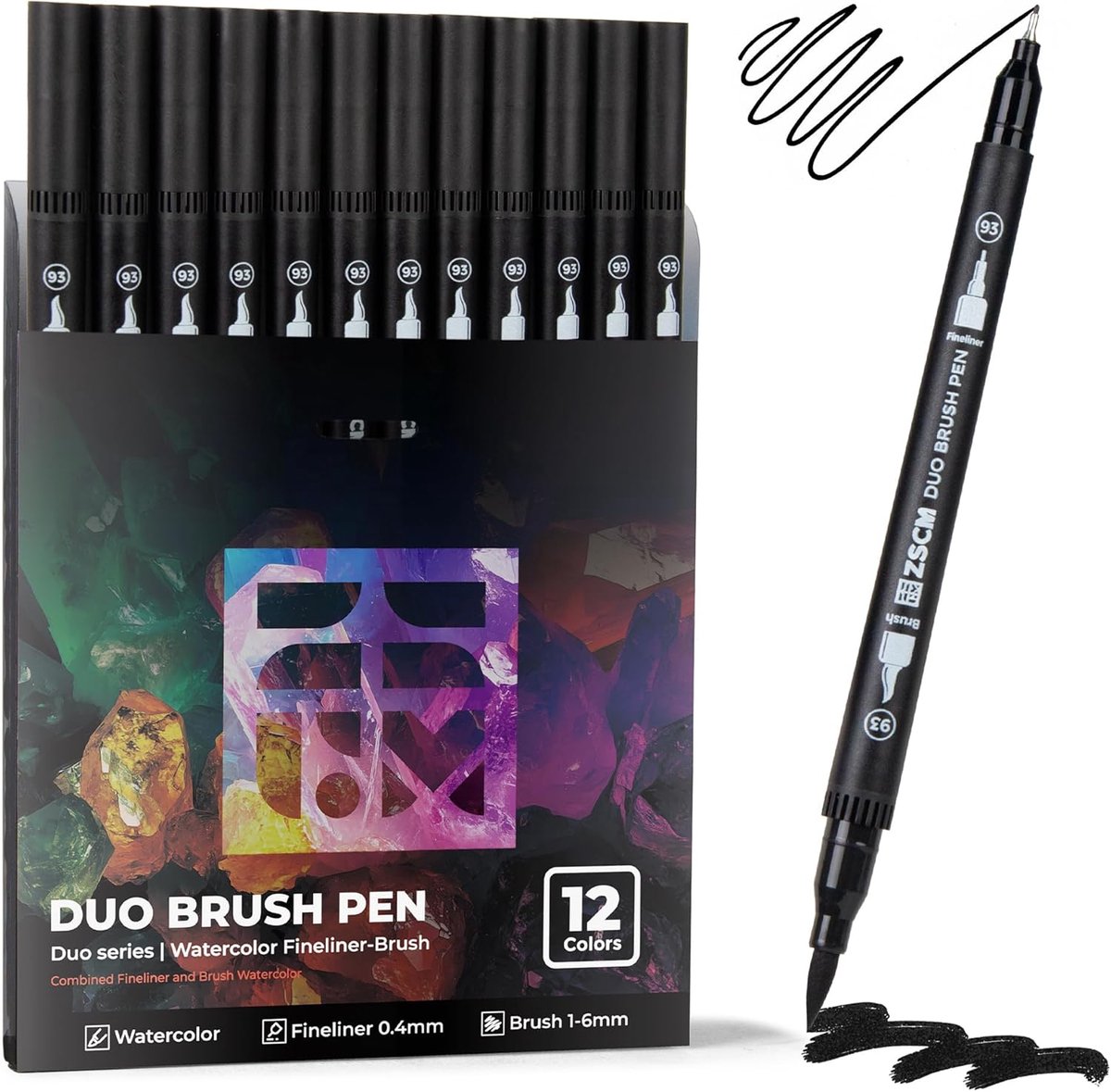 SnelShoppen - Duo Tip Marker Stiften Set van 12 - Fijne & Penseelspits Zwart voor Adult Coloring Books, Kalligrafie, Manga en Schetsen - Geen Doorbloe