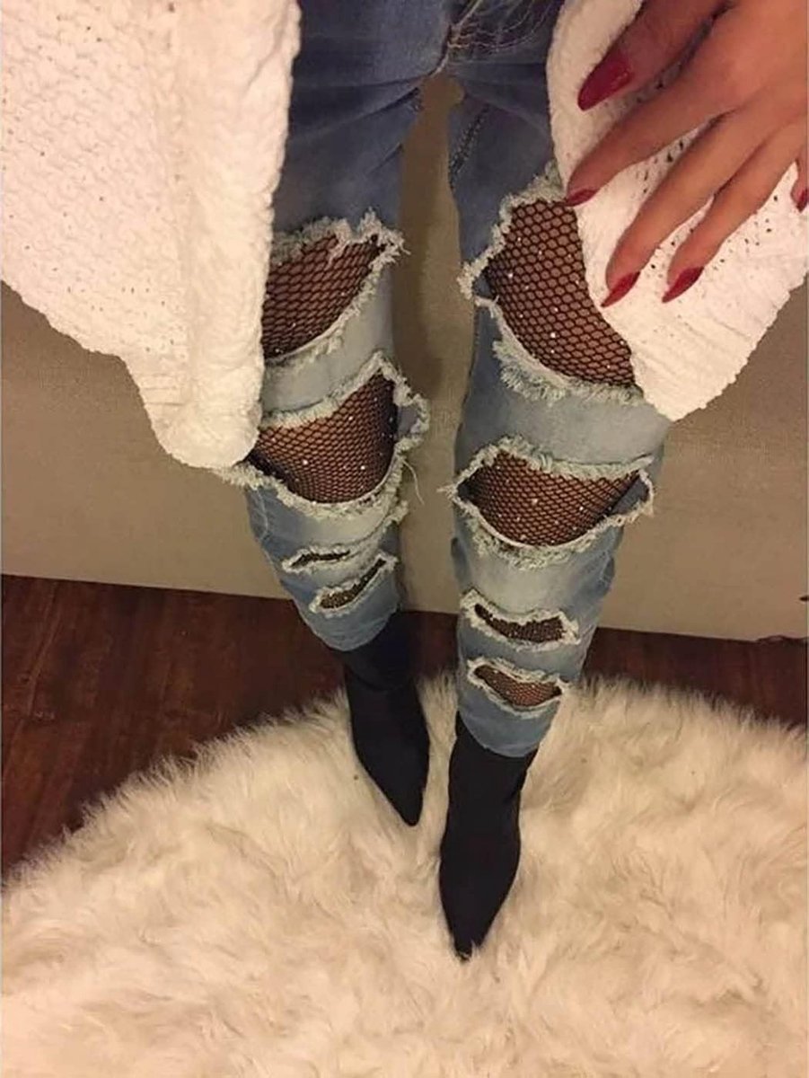Sparkly Crystal Fishnet Kousen met Rhinestones - Hoge Taille Tights voor Dames, Perfect voor Feestjes en Nachtclubs, Zwart en Paars, One Size