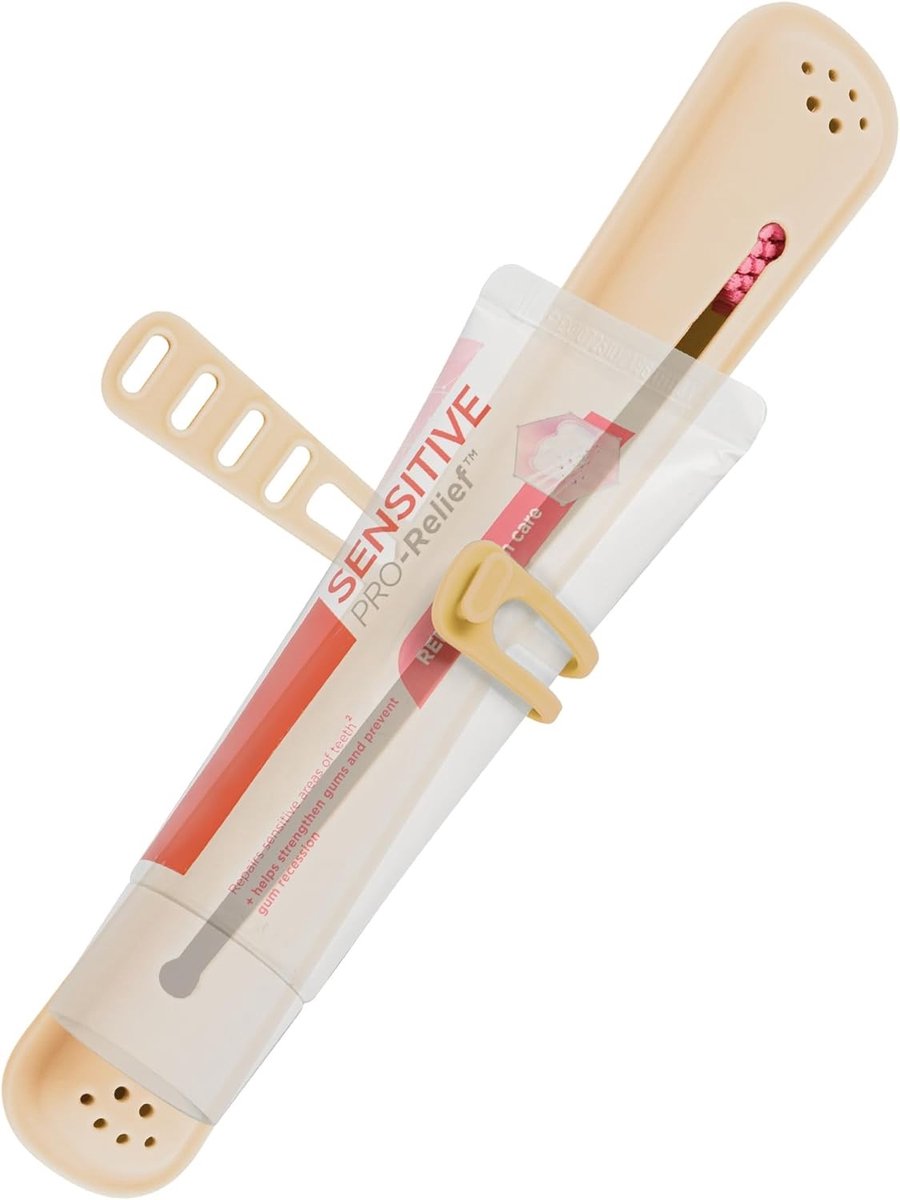 Reisdoos voor Handtandenborstel met Straps, Siliconen Borstelhouder en Bescherming voor Tandpasta, Geschikt voor Diverse Tandenborstels (Beige)