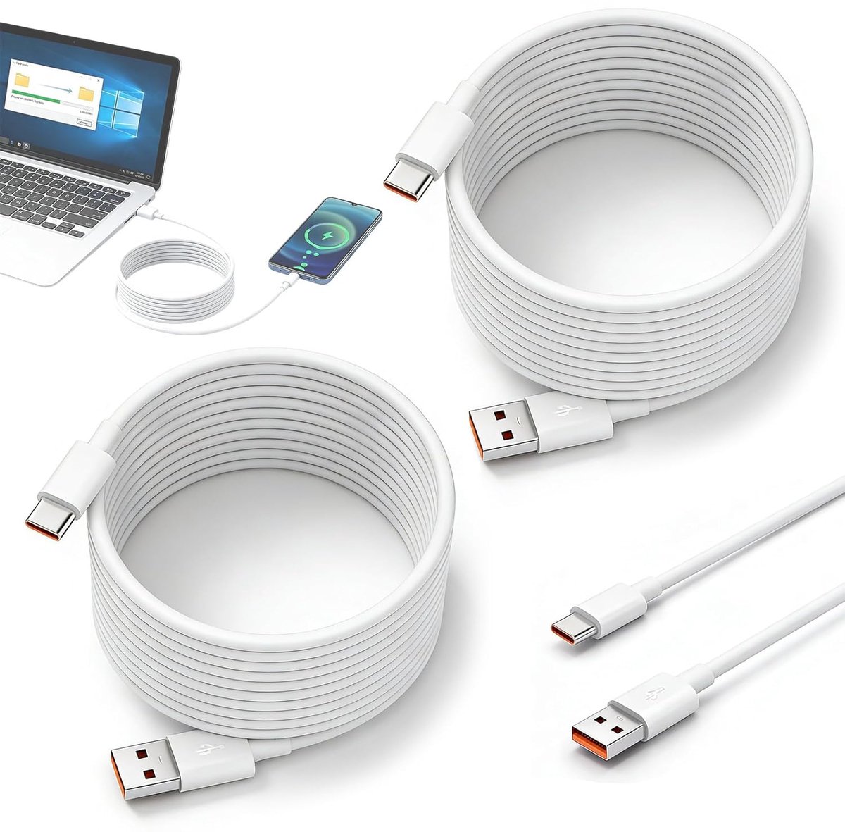Thijox - 2 Stuks USB C-kabels 5m, USB A naar USB C, Duurzaam en Flexibel, Voor Opladen en Gegevensoverdracht, Wit, Perfect voor Thuisbeveiligingscamer