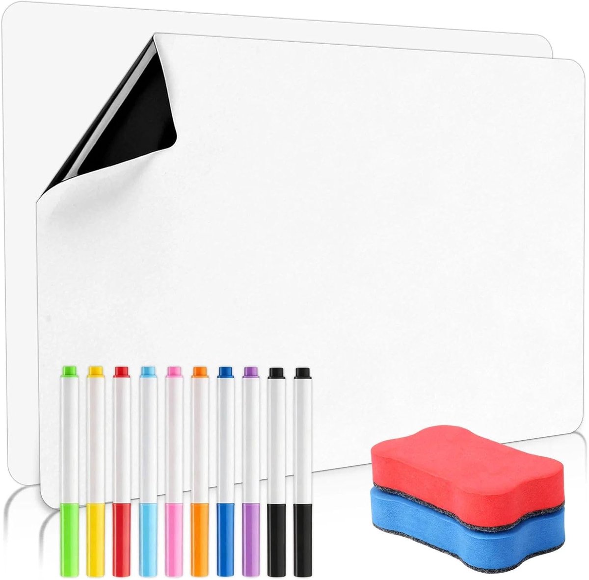 Thijox - 2 Stuks A3 Magnetisch Whiteboard voor Koelkast - Magnetische Plaat voor Weekplanner en Memo (42 x 30 cm) met 2 Gummen en 10 Markeer Stiften -
