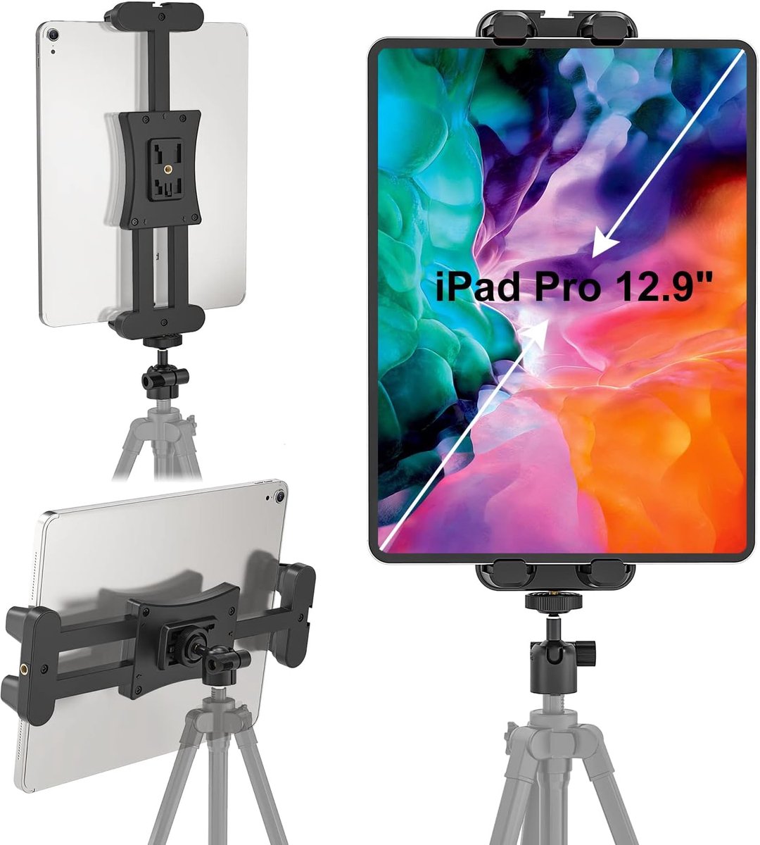 SnelShoppen - Tablet Tripod met Balhoofd Adapter voor Selfie Stick, Camera Bar en Monopod, Geschikt voor iPad Pro, Air en Mini, 4.7 tot 12.9 Inch Tabl