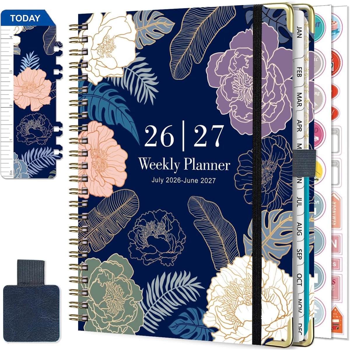 SnelShoppen - Schoolagenda 2025 A5 met Weekoverzicht, Spiraalbinding, Zelfklevende Pennenlus, Boekenlegger en Stickers - Donkerblauw