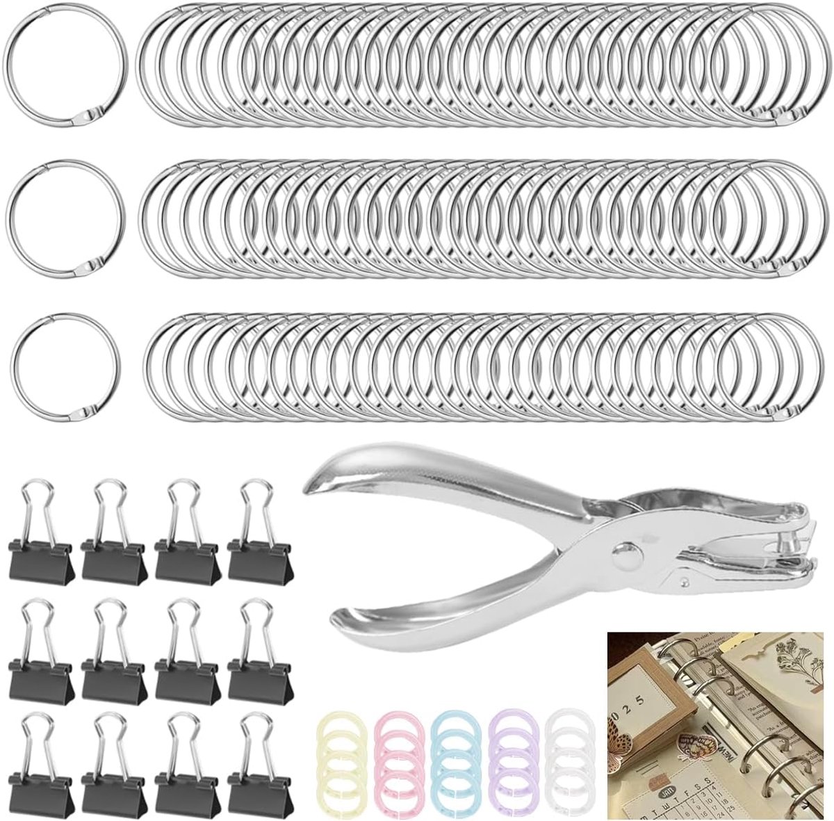 Thijox - 110 Stuks Ringband Ringen 20, 25, 30 mm - Metalen Losbladige Bindringen met Perforator en 12 Vouwclips - Perfect voor Flashcards, Sleutelhang