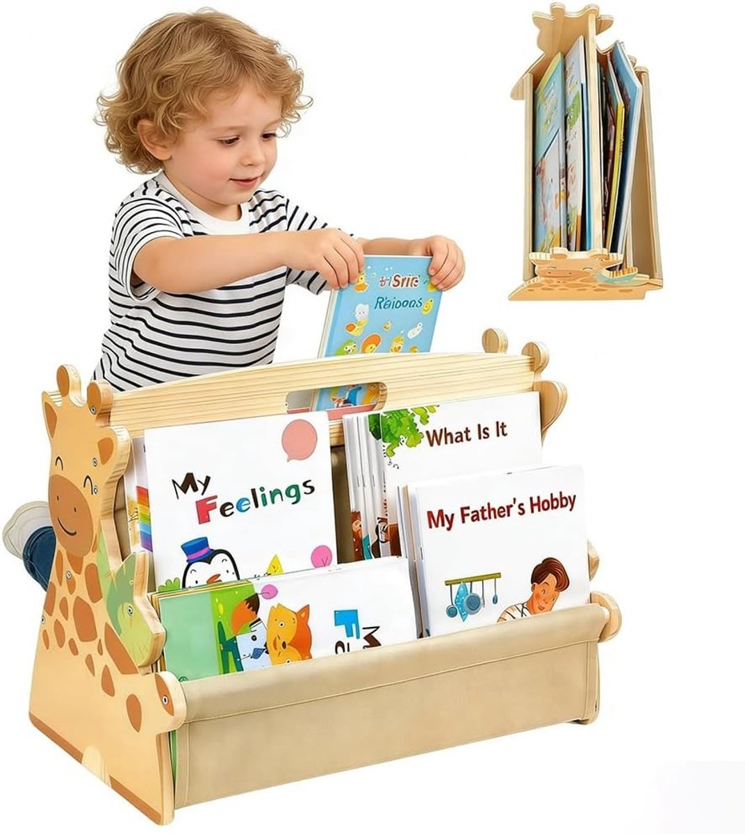 Dubbelzijdige houten boekenkast voor kinderen met robuuste canvas vakken, ideaal voor kleuterschool, kinderkamer en speelgoedopslag