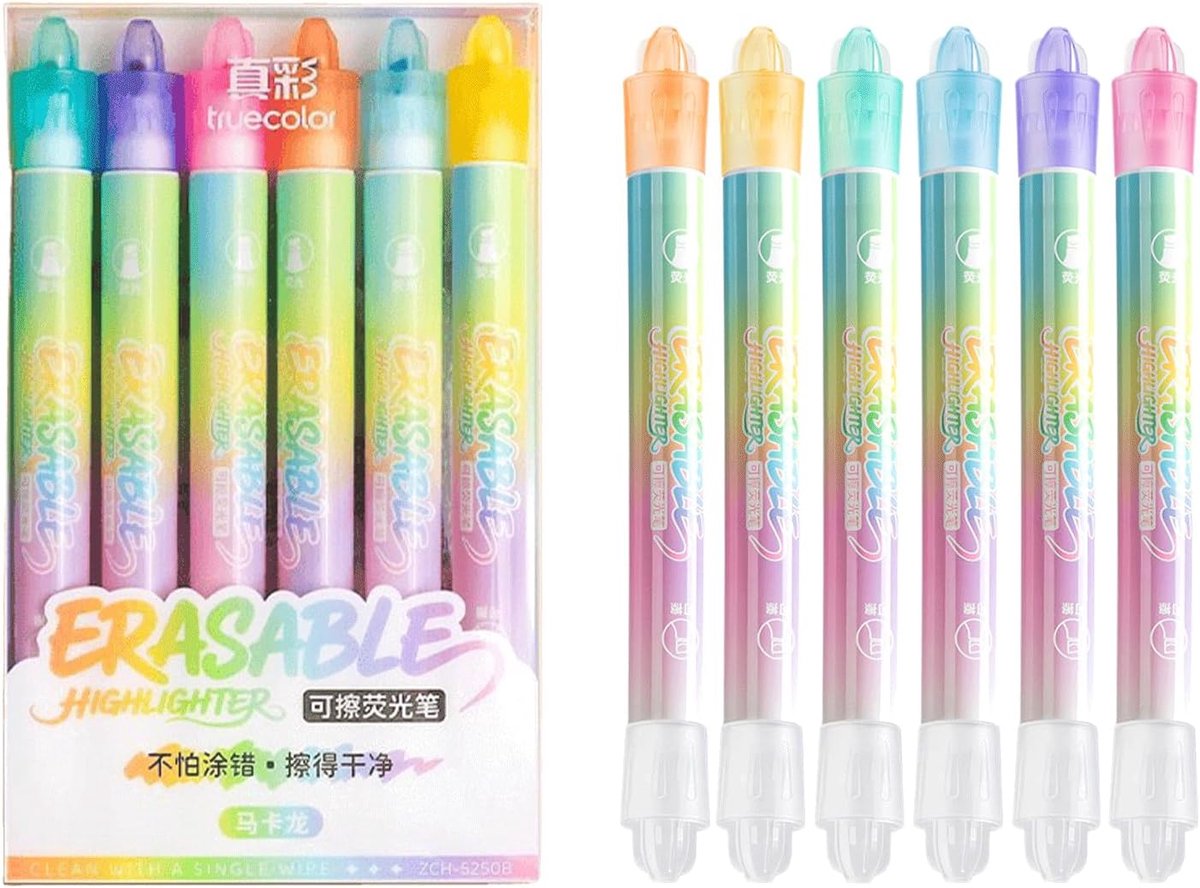 Thijox - Set van 6 uitwisbare markeerstiften met dubbele punt, pastel kleuren, dikke en fijne koppen, magische highlighter pen voor school, kinderen e