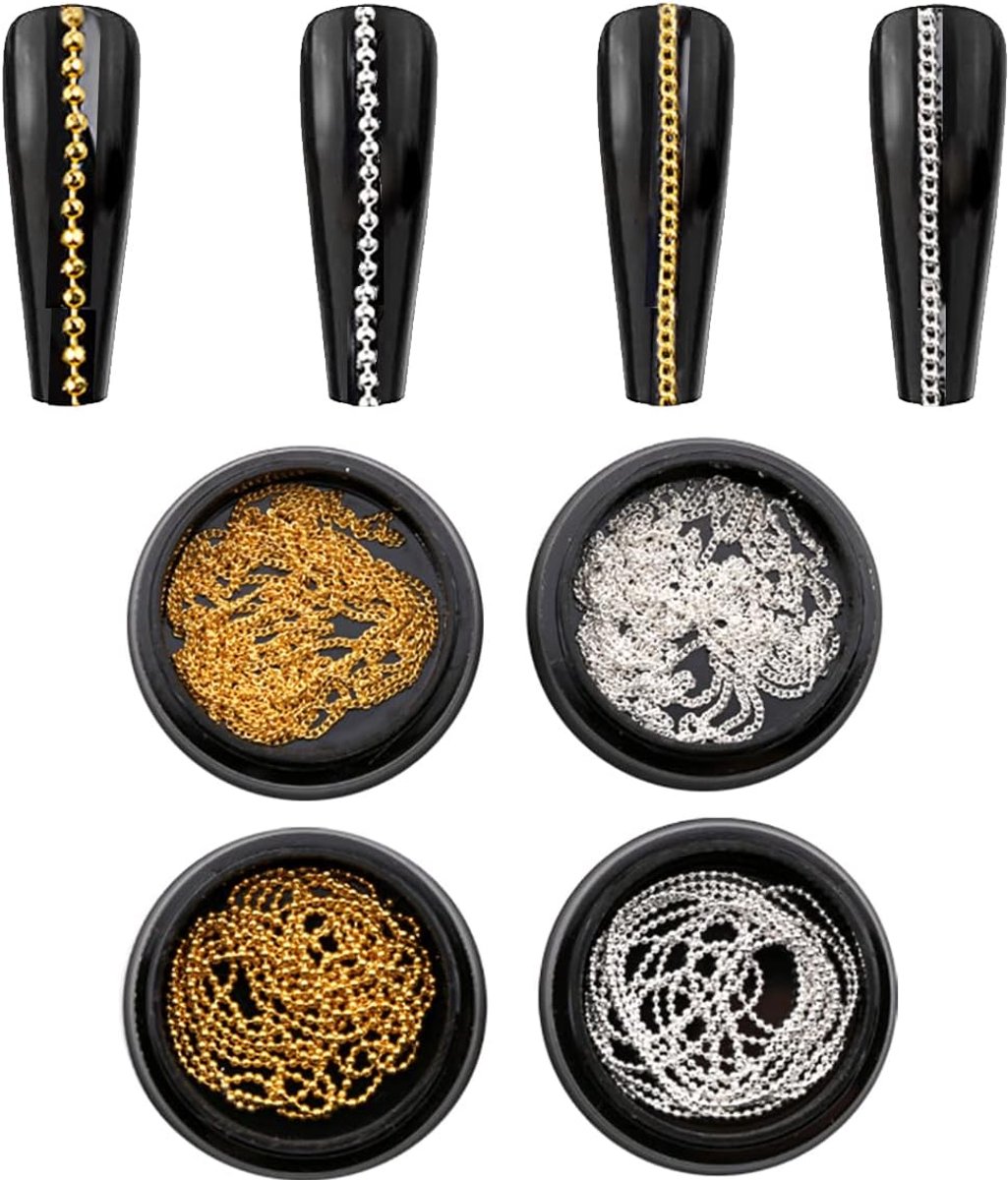 Thijox - Metalen Nagel Ketting Bedels - 4 Strips 1m Goud Zilveren Ketting Nail Art Decoraties - 3D Punk Nagel Studs - Nagels Benodigdheden voor Vrouwe