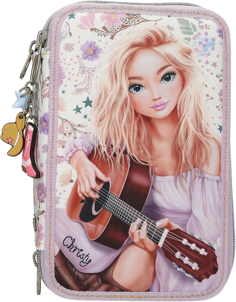 Thijox - Gevulde 3-vaks Etui Paars voor Kinderen - TOPModel Cowgirl Design met Kleurpotloden, Schaar, Liniaal, Tekenbenodigdheden en Meer