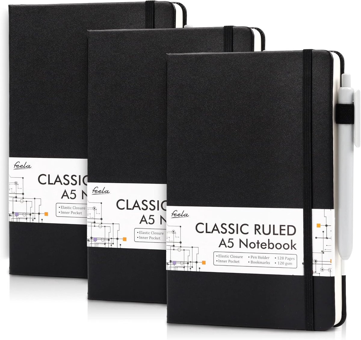 SnelShoppen - 3 Pack A5 Notebooks met Hard Cover, Lined Notepads (120 gsm) en 3 Zwarte Gelpennen voor Werk, Studie, Notities, 128 Pagina's - 21 x 13 c