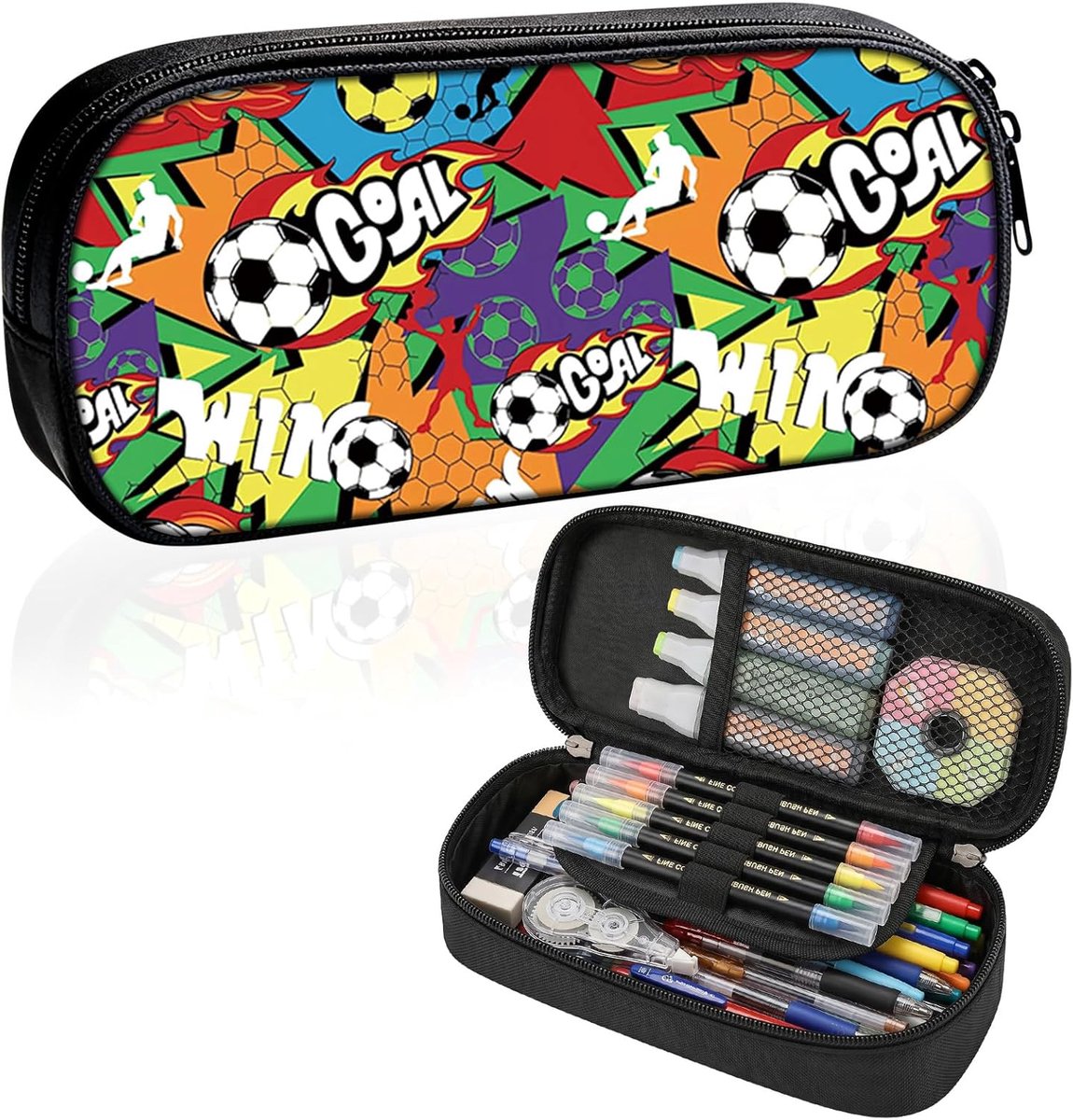 Thijox - Pennenetui voor jongens, multifunctionele voetbaletui met 2 vakken, grote opslag, pennenhouder, polyester, 20x5x10 cm, ideaal voor basisschoo