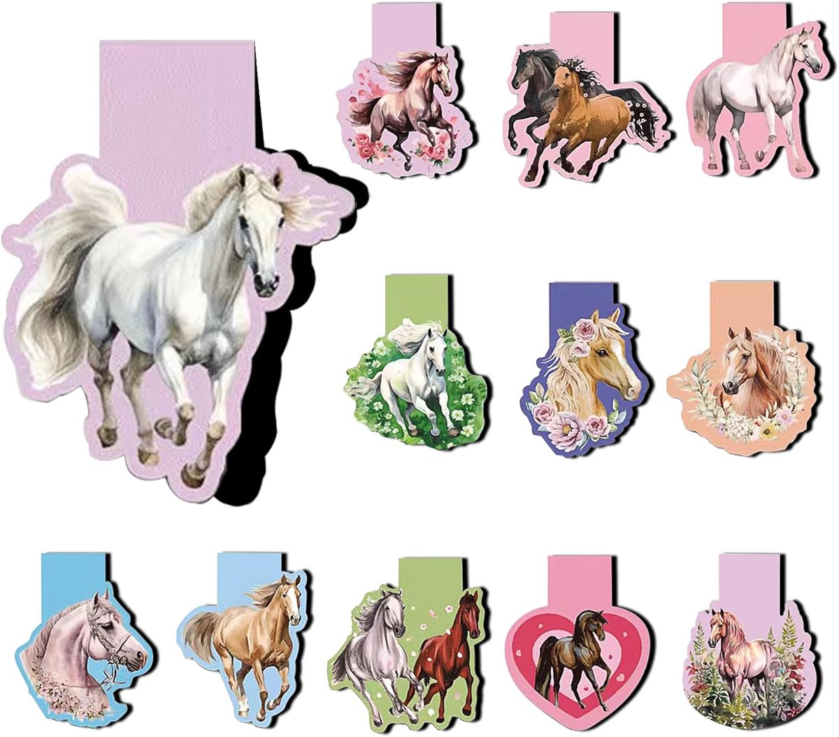 SnelShoppen - Magnetische Boekenleggers voor Kinderen - 12 Stuks - Paarden Design - Perfecte Cadeaus voor Leerlingen, Jongens en Meisjes - Ideaal voor