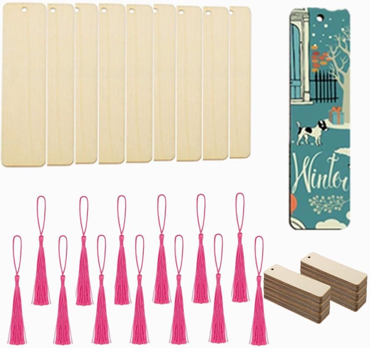 Thijox - 100 Stuks Houten Boekenleggers Set: 50 Blanco Bladwijzers + 50 Kleurrijke Kwasten - DIY Houten Bladwijzers met Gat voor Feest, Geschenken, Ha
