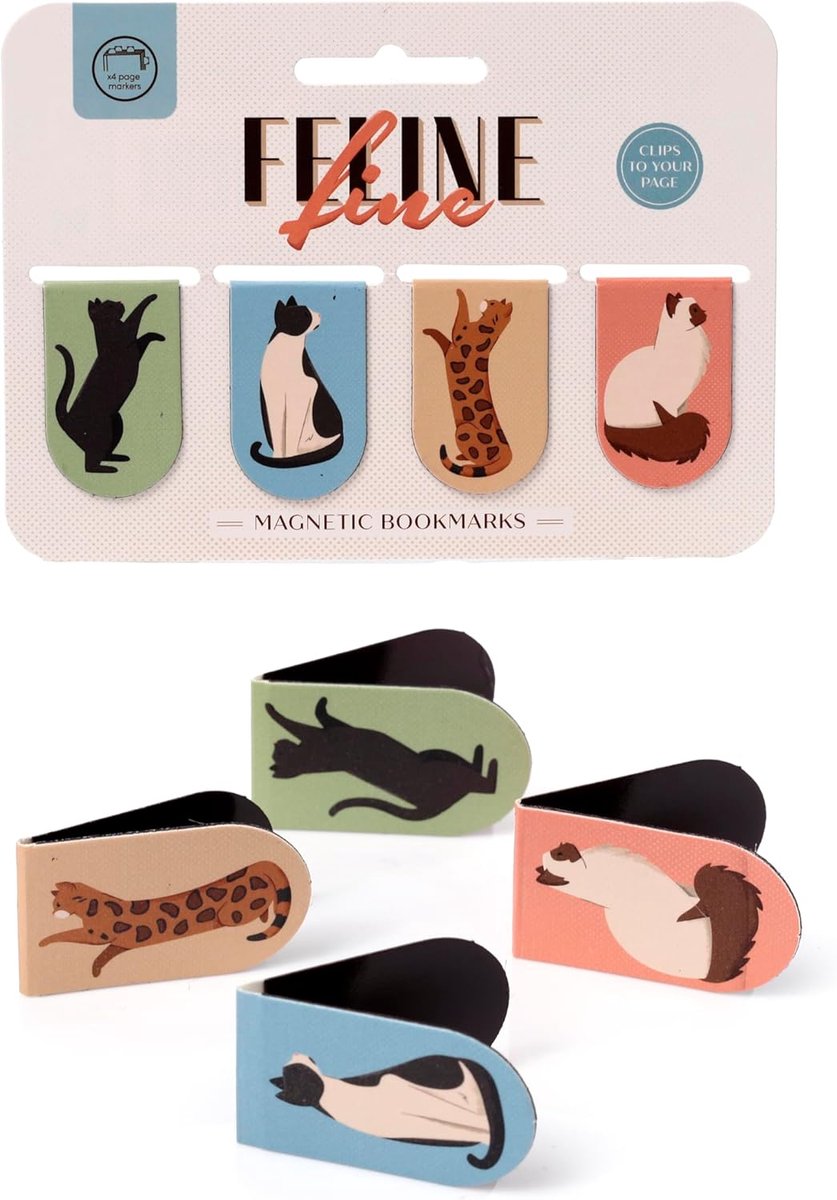 SnelShoppen - Set van 4 Magnetische Boekenleggers voor Dierenliefhebbers - Katten Designs - Feline Fine - Hoogwaardige Materialen - Perfect voor Lezer