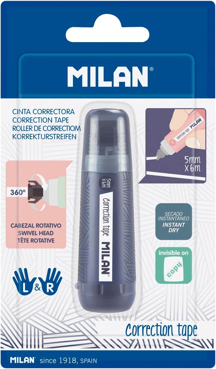 Thijox - MILAN Correctietape Cilindervormig 5 mm x 6 m - Droog, Nauwkeurig, Geschikt voor Linkshandigen, 360° Rotatie, Diverse Kleuren, Perfect voor S