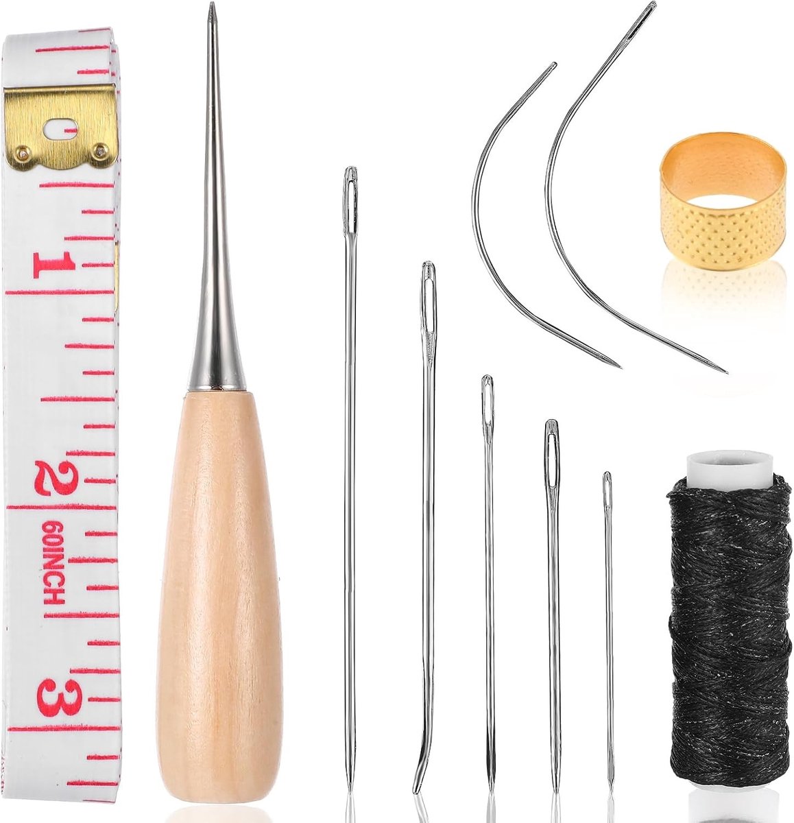 Complete Handnaai Kit met 11 Lederen Naalden, Gewaxt Draad en Naaipriem voor DIY Reparaties aan Autostoelen, Sofa en Tapijt