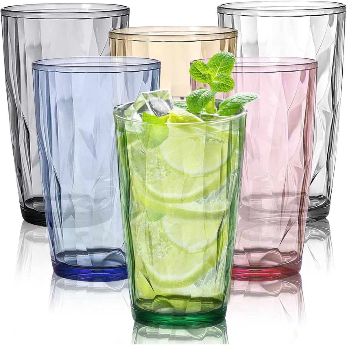 Set van 6 Kleurrijke Drinkglazen van 500 ml, Vintage Waterglazen, Herbruikbare en Schokbestendige Plastic Bekers voor Sap en Water