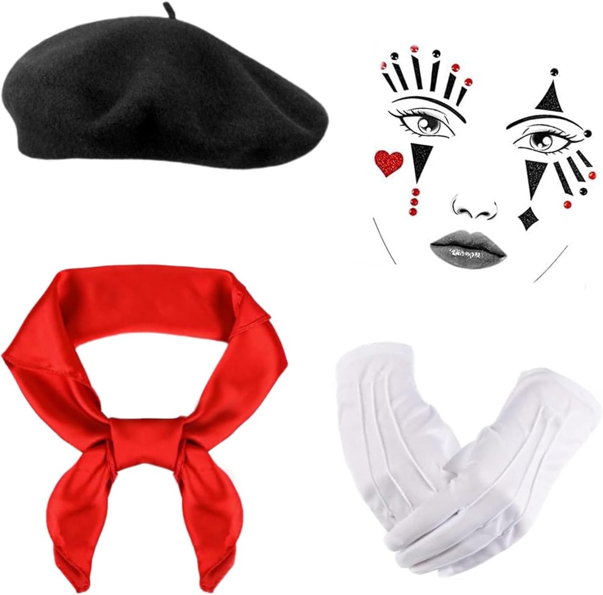 Carnaval Kostuum voor Mannen en Vrouwen met Zwarte Baret, Rode Kleding, Witte Handschoenen en Gezichtstatoeage voor Themafeesten en Pantomime Evenementen